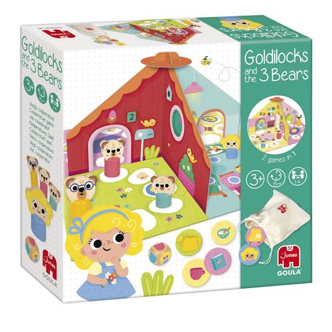 "Goldilocks and the 3 Bears", geeignet für 3+ Jahre, Illustration von Goldlöckchen und Bären im magischen Haus mit Spielsteinen.