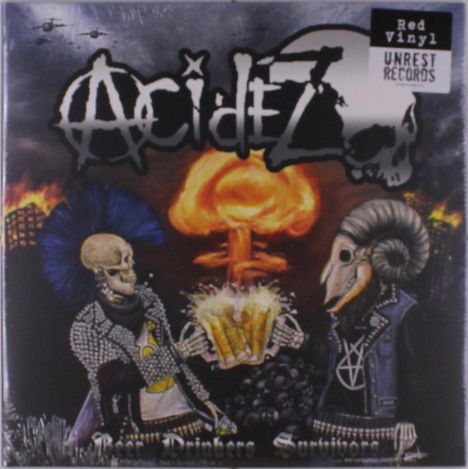 „Acidez“ und „Beer Drinkers Survivors“ sind zentrale Texte. Zwei Skelette stoßen mit Bier an, im Hintergrund ein Atompilz.