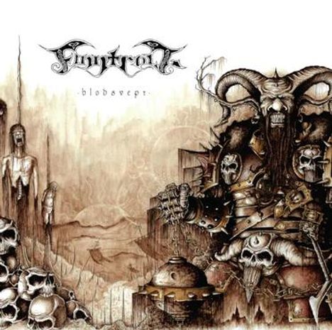 Text: "Finntroll - Blodsvept". Illustration eines düsteren, gepanzerten Wesens mit Hörnern und Totenköpfen in einer unheimlichen Landschaft.