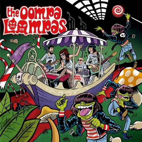 "The Oompa Loompas" in roter Schrift, darunter eine farbenfrohe, verspielte Illustration mit einer Band in einem Boot und lebhaften Figuren.