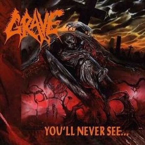 Text: "GRAVE" in orange, "YOU'LL NEVER SEE...". Illustrationen von düsteren Szenen mit Skeletten auf einem Friedhof.