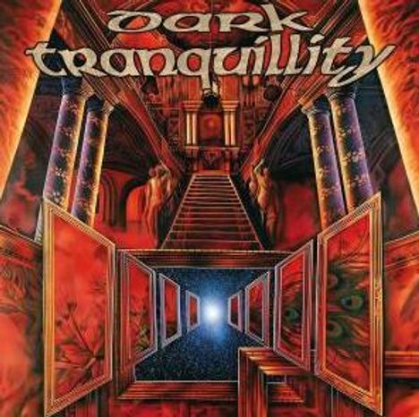 Logo mit dem Text "Dark Tranquillity", darunter ein surrealer, rot-goldener Gang mit Säulen und einem leuchtenden Licht.