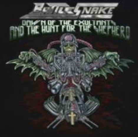 Der Text lautet: "BATTLE SNAKE", "DAWN OF THE EXULTANT AND THE HUNT FOR THE SHEPHERD". Darunter ein mechanisches Wesen mit Flügeln.