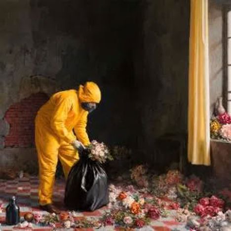 Eine Person in gelbem Schutzanzug sammelt im Raum Blumen in einen schwarzen Sack.