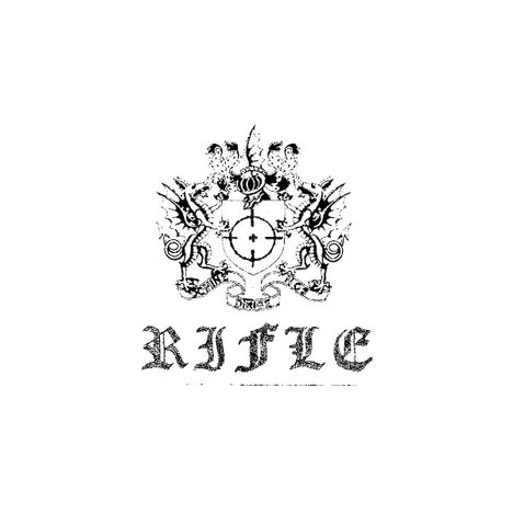 "RIFLE" in altmodischer Schrift, darunter ein kunstvolles Wappen mit zwei Löwen und einem zentralen Fadenkreuz.