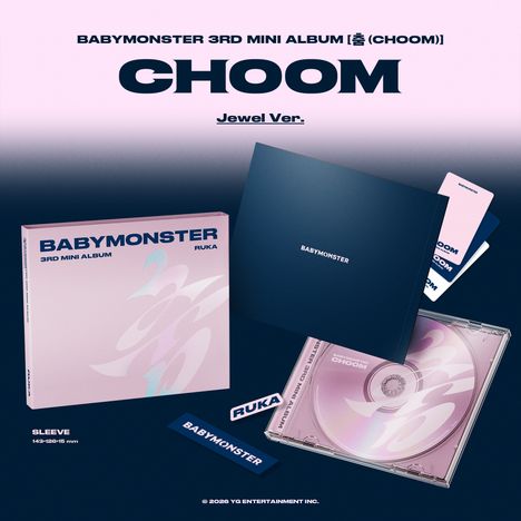 Text "BABYMONSTER 3RD MINI ALBUM [춤 (CHOOM)]" in großen Buchstaben. Grafische Darstellung des Albums.