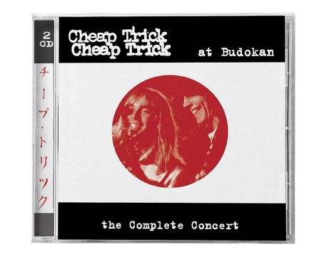 "Cheap Trick at Budokan the Complete Concert" steht im Vordergrund. Zwei fröhliche Personen sind in einem roten Kreis abgebildet.