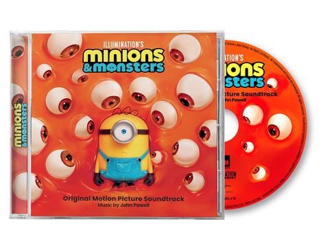 Text: "ILLUMINATION'S minions & monsters". Ein gelber Charakter mit einem Auge, umgeben von fliegenden Augen auf orangefarbenem Hintergrund.