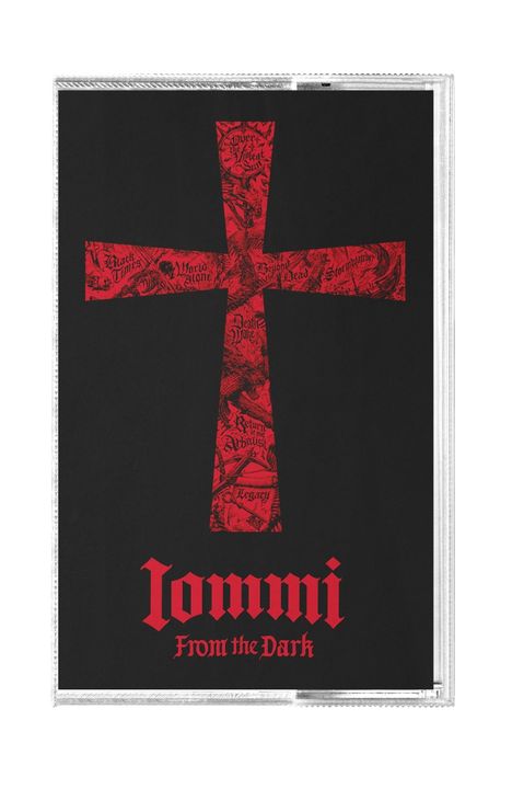 Der Text „Iommi From the Dark“ steht unten in Rot. Darüber ein rotes, mit Mustern verziertes Kreuz auf schwarzem Hintergrund.