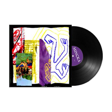 Text "MINCKA" auf einem Schallplattenlabel. Collage mit Zeichnungen und Farben: Rot, Gelb, Lila, Blau.