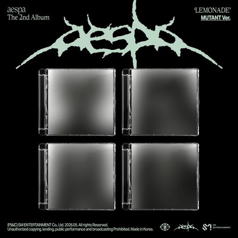 "æspa, The 2nd Album 'LEMONADE' MUTANT Ver." Oben zackiges Logo, darunter vier leere CD-Hüllen. Schwarzer Hintergrund.