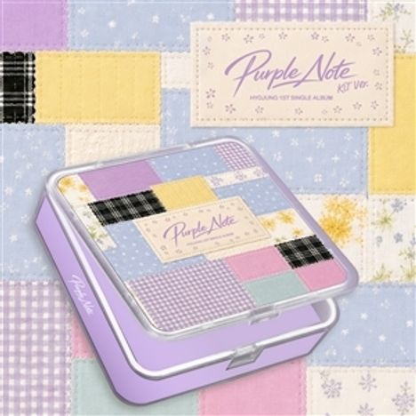 "Purple Note KIT Ver." steht oben und auf einer lila Schachtel, die ein Patchwork-Design mit Pastellfarben zeigt.
