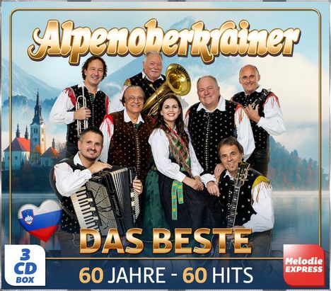 "Alpenoberkrainer - Das Beste: 60 Jahre - 60 Hits." Acht Personen in traditioneller Kleidung, Instrumente, Berglandschaft.