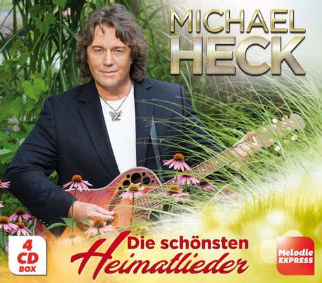 "MICHAEL HECK", "Die schönsten Heimatlieder", "4 CD BOX", "Melodie EXPRESS". Mann mit Gitarre in blumiger Umgebung.