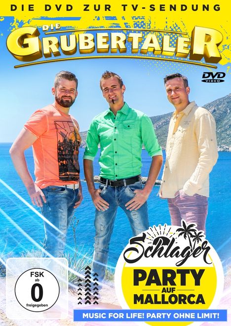 Text: "DIE DVD ZUR TV-SENDUNG", "DIE GRUBERTALER", "Schlager PARTY AUF MALLORCA", "FSK ab 0 freigegeben". Drei Männer vor Meer.