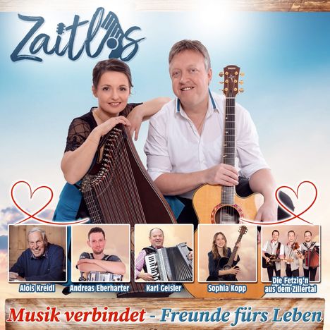 Text: "Zaitlos", "Musik verbindet - Freunde fürs Leben". Menschen mit Musikinstrumenten, darunter Harfe und Gitarre.