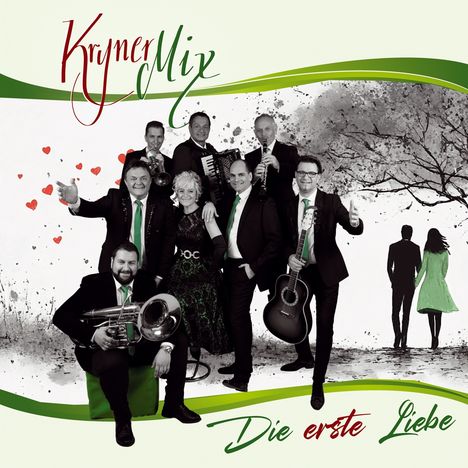 Text: „Kryner Mix“ und „Die erste Liebe“. Eine Musikgruppe mit Instrumenten, umgeben von roten Herzen und einem Paar unter Bäumen.