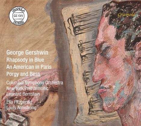 George Gershwin, Columbia Symphony Orchestra, New York Philharmonic, Leonard Bernstein, Ella Fitzgerald, Louis Armstrong. Illustration eines Mannes mit Notenblättern.