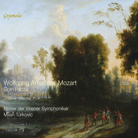 Text: Wolfgang Amadeus Mozart, Gran Partita, Bläser der Wiener Symphoniker, Milan Turković. Illustration: Waldlandschaft mit Menschen.