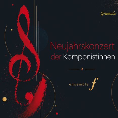 "Neujahrskonzert der Komponistinnen" und "ensemble f". Eine rote, künstlerische Notenschlüssel-Illustration.