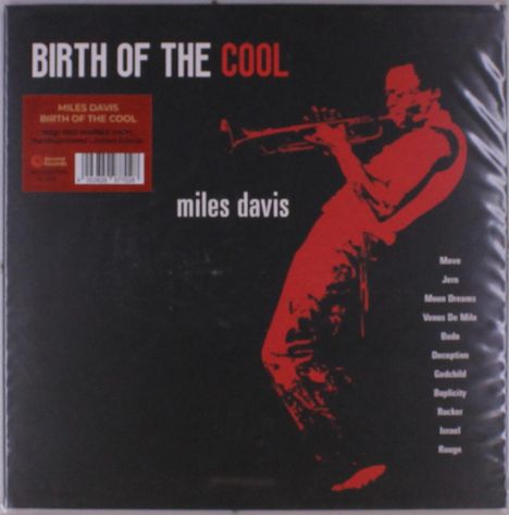 "Birth of the Cool" und "Miles Davis" in Weiß und Rot auf schwarzem Hintergrund. Silhouette eines Trompeters in Rot.