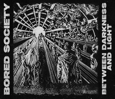 "BORED SOCIETY" links und "BETWEEN DARKNESS AND LIGHT" rechts. Illustration bei Sonnenaufgang, Menschen gehen auf Stadt zu.