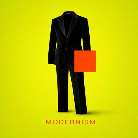 Text: "MODERNISM" in Rot. Schwarzer Anzug, rotes Quadrat, gelber Hintergrund. Minimalistisches Design.