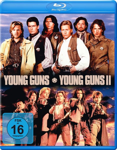Oben: "Young Guns Young Guns II". Unten: Sechs Männer in Westernkleidung mit ausgestreckten Händen, zwei zeigen Pistolen.