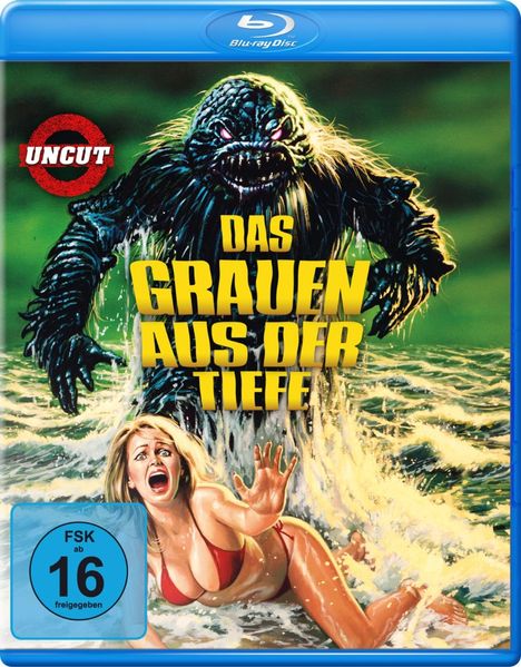 "Das Grauen aus der Tiefe", "Uncut". Eine Frau im roten Bikini und ein Monster im Wasser, sie wirkt verängstigt.