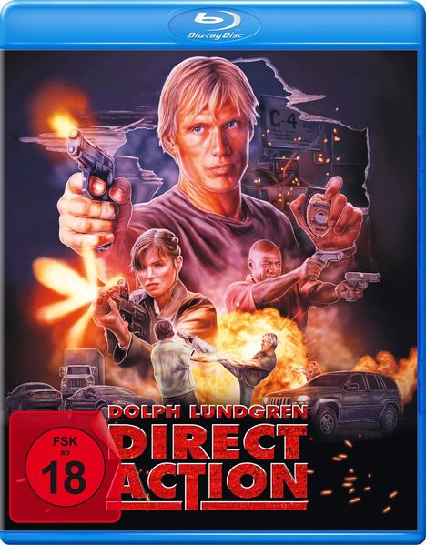 "DOLPH LUNDGREN, DIRECT ACTION, FSK ab 18". Illustration: Person mit Waffe, Explosionen, Action-Szenen, Fahrzeuge.