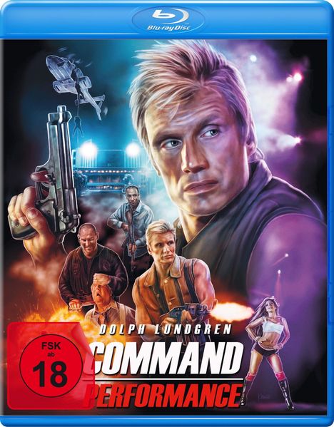 Text: "FSK ab 18", "Dolph Lundgren", "Command Performance". Illustration mit bewaffnetem Mann, Explosion, Hubschrauber.