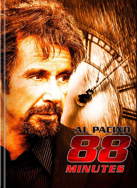 Texts: "AL PACINO, 88 MINUTES". Ein Mann mit Bart im Vordergrund, im Hintergrund eine stilisierte Uhr.