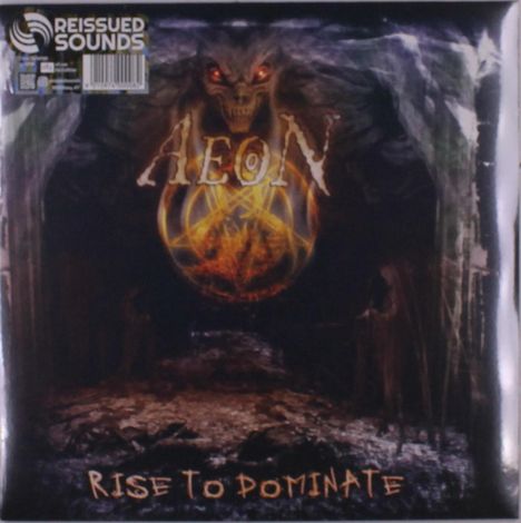 "Reissued Sounds", „AEON“, „Rise to Dominate“. Illustration: Dämonischer Kopf mit glühenden Augen, mystisches, dunkles Setting.