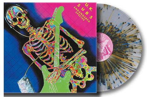 Text in gelb: „U.K. SUBS ENDANGERED SPECIES“. Buntes Skelett mit Gitarre, Kopfhörer auf blau-pinkem Hintergrund.