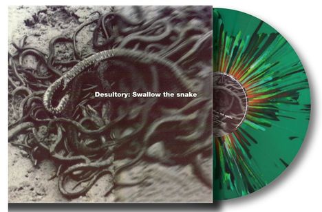 „Desultory: Swallow the snake“ steht auf einem Albumcover mit Schlangenmotiv und grün-bunt gesprenkelter Schallplatte.