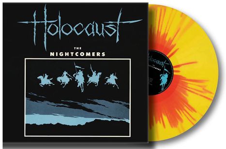 „Holocaust. The Nightcomers.“ Ein Albumcover zeigt Reiter-Silhouetten. Eine bunte Vinyl-Schallplatte liegt daneben.