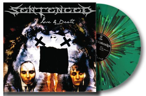 "Love & Death" in geschwungener Schrift. Abstrakte Illustration, zwei Gesichter, grün-rot gesprenkelte Schallplatte.