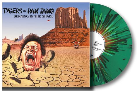 „TYGERS OF PAN TANG“ und „BURNING IN THE SHADE“. Illustration: Gesicht schreit in trockener Wüstenlandschaft.