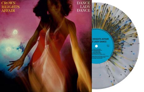 Ein Albumcover mit "Crown Heights Affair" und "Dance Lady Dance". Eine Frau in rotem Kleid, daneben bunte Schallplatte.