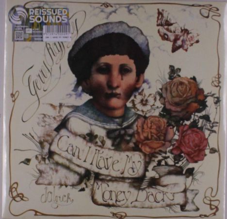 "Can I Have My Money Back" und "Gerry Rafferty" in Schreibschrift. Illustration: Kind mit Blumen und Schmetterling.