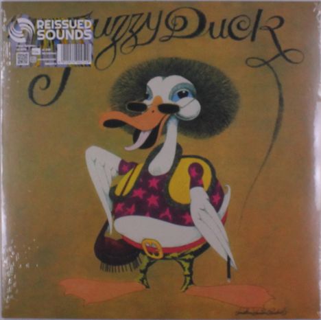 "Reissued Sounds", "Fuzzy Duck". Eine stilisierte Ente mit Afro, Sonnenbrille und bunter Kleidung vor einem gelben Hintergrund.