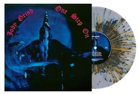 „Jody Grind“, „One Step On“. Eine blaue Illustration einer Person mit Hut und ein Vinyl mit Sprenkelmuster.