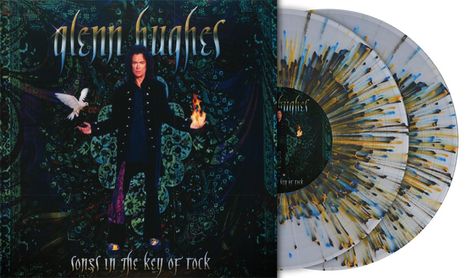 Text: "glenn hughes" und "songs in the key of rock". Eine Person hält eine Taube und eine Flamme, mit psychedelischem Hintergrund.