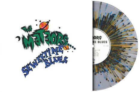 "The Meteors Seweritime Blues" in bunten Buchstaben. Eine bunte, gesprenkelte Vinyl-Schallplatte daneben.