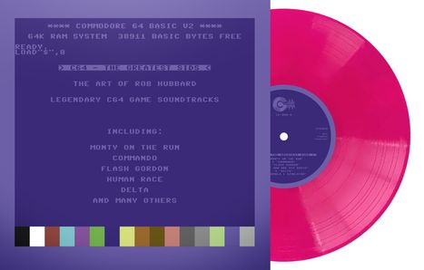 "**** COMMODORE 64 BASIC V2 ****, C64 - THE GREATEST SIDS, pinke Vinyl-Schallplatte, Farbpalette unten."