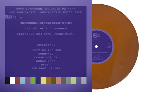 C64-Grafik mit Text über Rob Hubbards Soundtracks, daneben eine orangefarbene Schallplatte.
