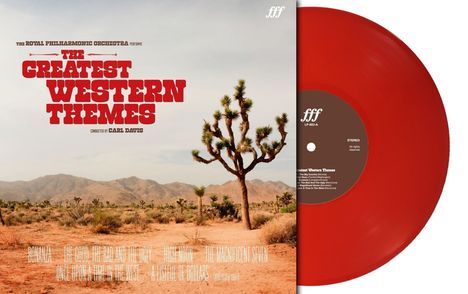 "The Greatest Western Themes" von Carl Davis. Wüstenlandschaft mit Joshua Tree, rote Vinyl-Schallplatte.