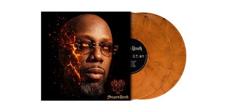 "Dragons Breath" steht auf dem Cover mit einem Gesicht, das von Flammen und Rissen umgeben ist. Orangefarbene Schallplatten.