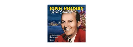 "Bing Crosby White Christmas" in gelber und weißer Schrift, daneben ein lächelnder Mann vor einem winterlichen Hintergrund.