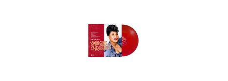 Text: "Ella wishes you a SWINGING CHRISTMAS." Links ein Cover mit Ella Fitzgerald, daneben eine rote Vinyl-Schallplatte.